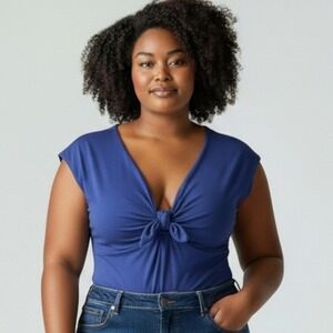 NWT ModCloth Plus Size Bodysuit Navy Blue Cap Sleeve Tie‎ Front Made in USA 4X